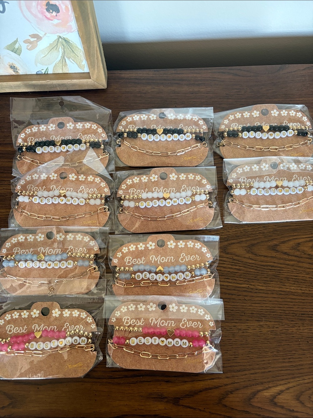 Best Mom Ever Beaded Bracelet Set - Pink, Blue, White, Black - set of 10 NEW